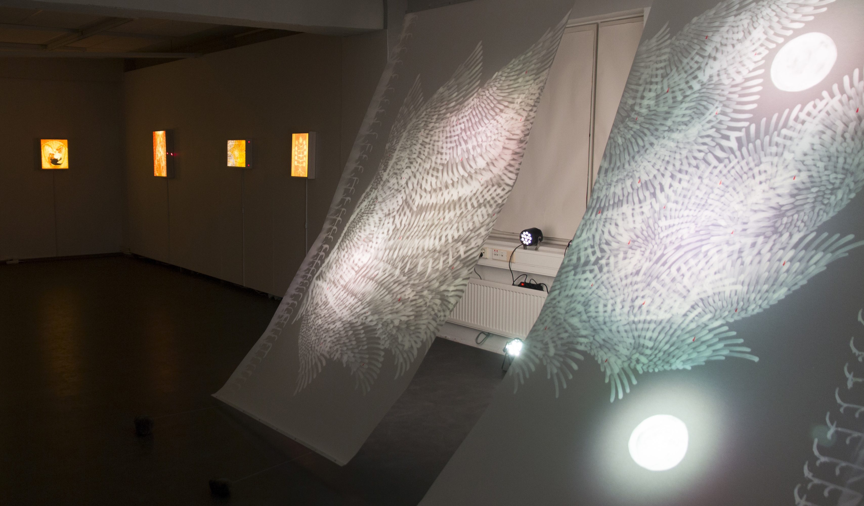 Citrinitas, medium and oil paint on paper, 2x 300x150 cm, led lamps, aluminum, river stones, 2025