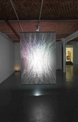 Flow, painting medium on paper, aluminum batten, 200 x 150cm, 2020