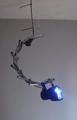 Croucher, welded and sanded steel, led-lamp, extension cord, cable tie, 70 x 70 x 25, 2019