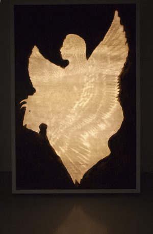 Ylistäjät II, painting medium and oil paint on paper, light box, 150 x 100, 2016