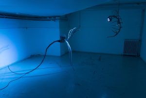 Encounter, interactive sculpture installation, welded and sanded steel, electronics, 2021