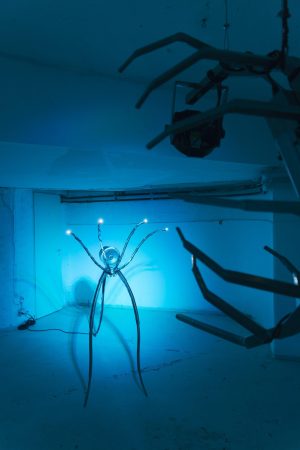 Encounter, interactive sculpture installation, welded and sanded steel, electronics, 2021