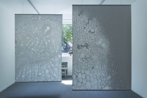 Geminal, painting medium on paper, aluminum batten, diptych 216 x 150, 2021