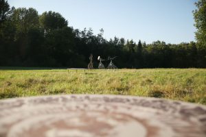 Installation view of two, solar powered, moving sculptures Heliotropes, and the target sculpture Gatherer, Pitkäkoski meadow, 2024