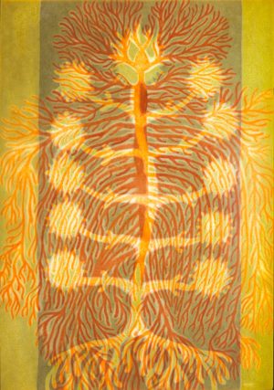 Sun tree, medium and oil paint on paper, light box, 44x32 cm, 2025 Sun tree, medium and oil paint on paper, light box, 44x32 cm, 2025