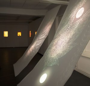 Citrinitas, medium and oil paint on paper, 2x 300x150 cm, led lamps, aluminum, river stones, 2025 Citrinitas, medium and oil paint on paper, 2x 300x150 cm, led lamps, aluminum, river stones, 2025